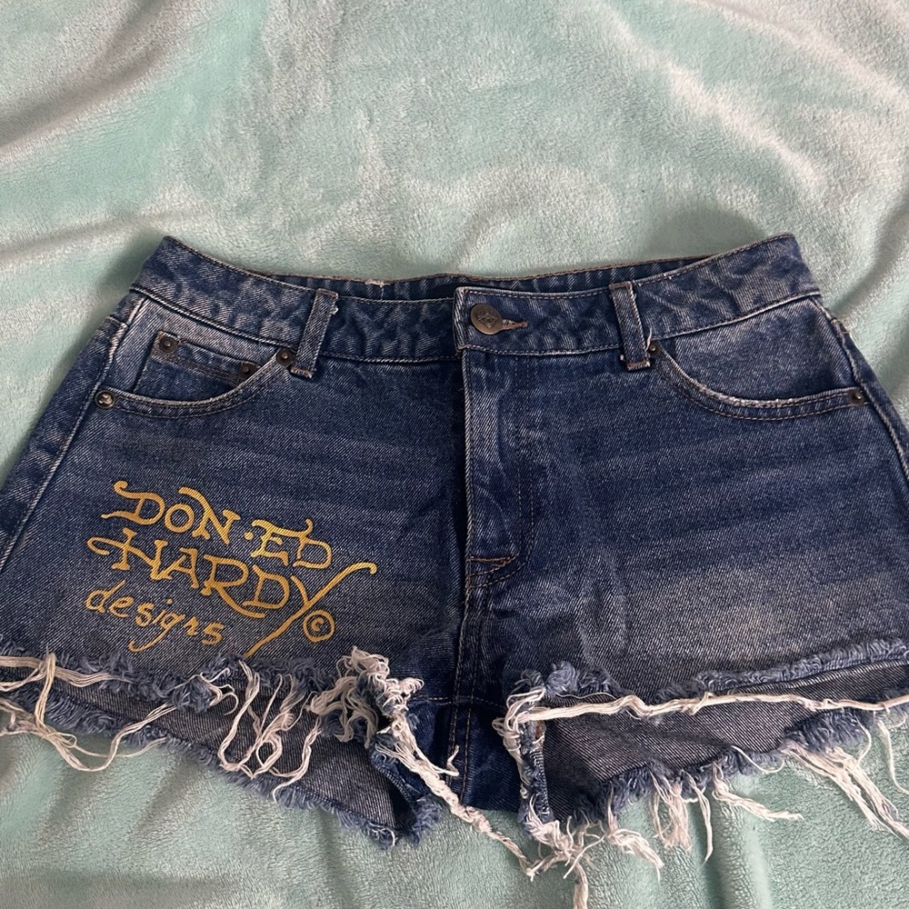 Ed Hardy Blue Jean Shorts Distressed Raw-Cut
